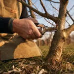 Tailler les arbres fruitiers en hiver : jardinier coupe un jeune pommier