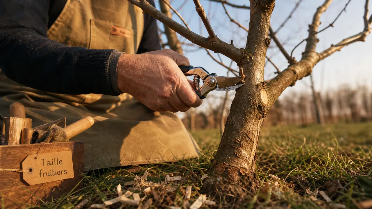 Tailler les arbres fruitiers en hiver : jardinier coupe un jeune pommier