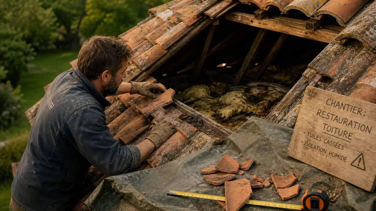 Toiture à refaire : tuiles cassées inspectées par un couvreur