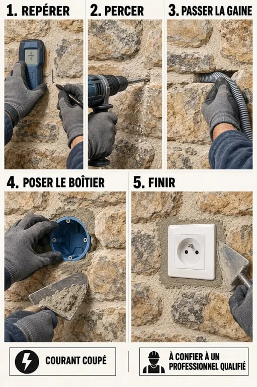 Étapes de pose d’une prise électrique mur en pierre avec perçage, gaine et boîtier encastré