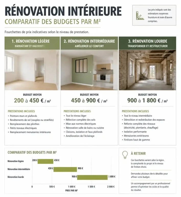 Tableau comparatif des budgets au m2 pour des travaux de rénovation intérieur