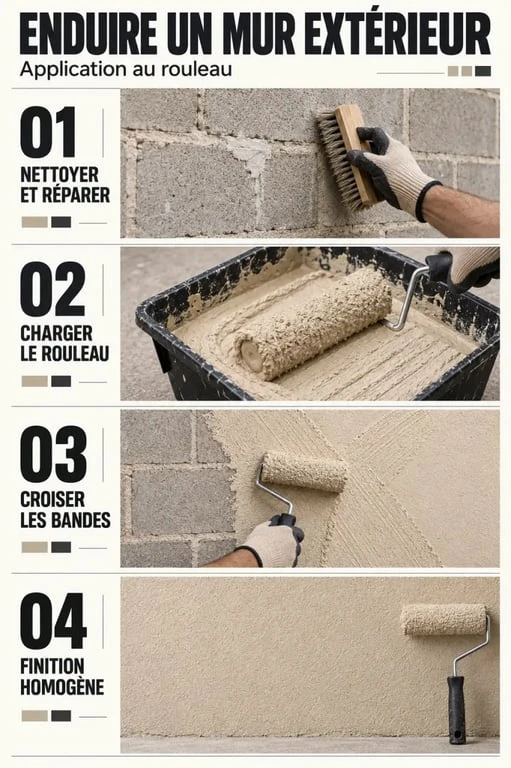 Application d’un enduit extérieur au rouleau sur un mur en parpaings, de la préparation au rendu final
