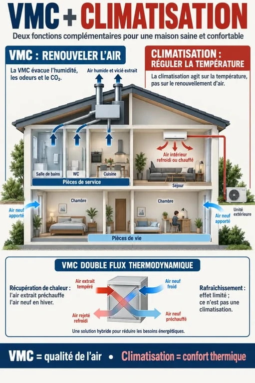 Infographie sur la complémentarité entre VMC et climatisation et le rôle de la VMC double flux thermodynamique