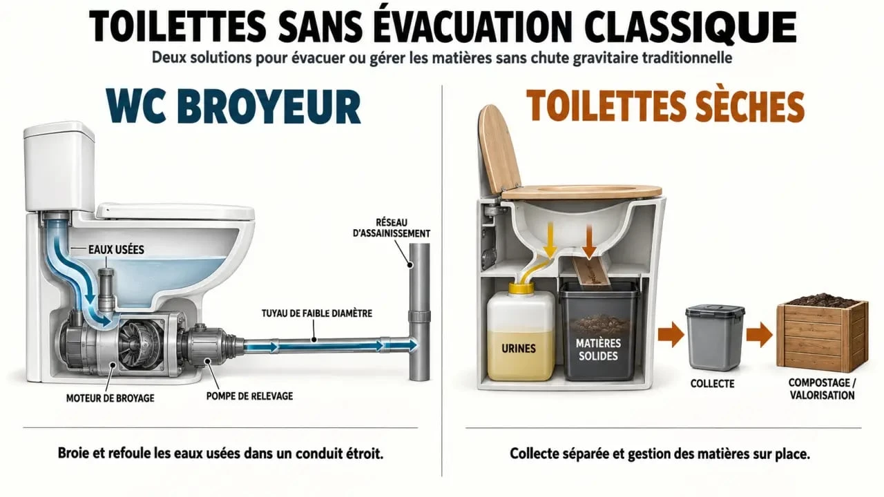 Schéma du fonctionnement d'une toilette sans évacuation avec WC broyeur et toilettes sèches