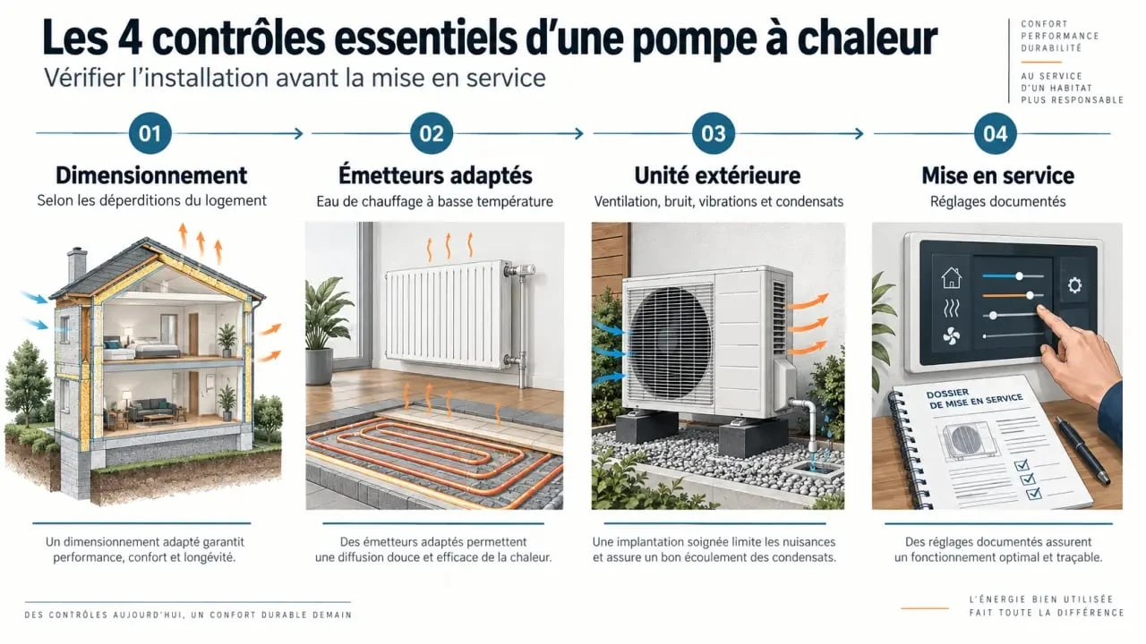 Installation pompe à chaleur : illustration des quatre contrôles à vérifier avant et après la pose