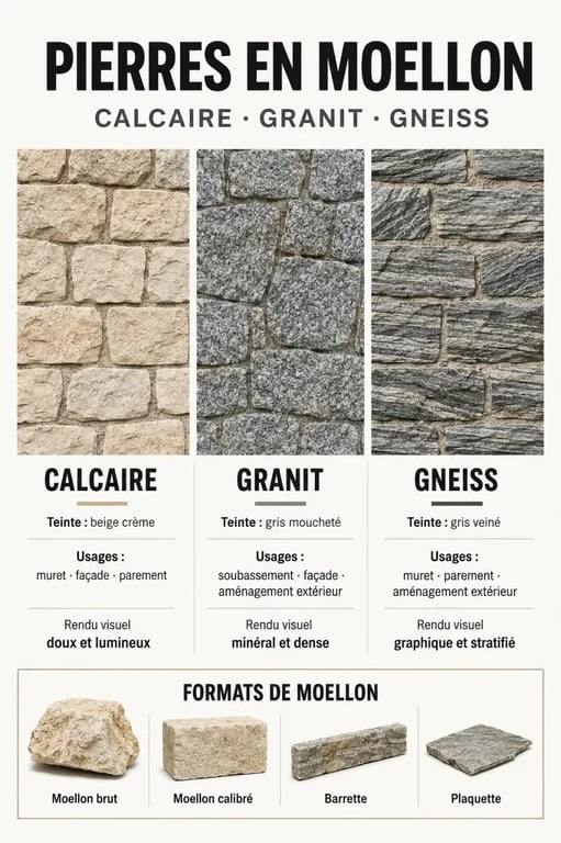 Infographie comparative des types de pierre en moellon calcaire granit et gneiss