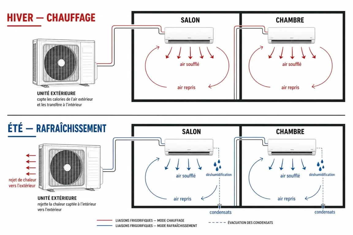 Schéma d’une pompe à chaleur air air réversible montrant chauffage, climatisation et unités intérieures