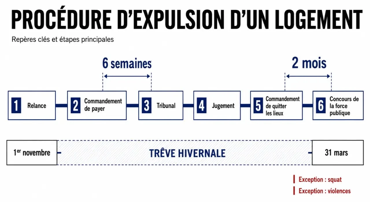 Schéma de la nouvelle loi sur lexpulsion logement avec délais de procédure, trêve hivernale et exceptions