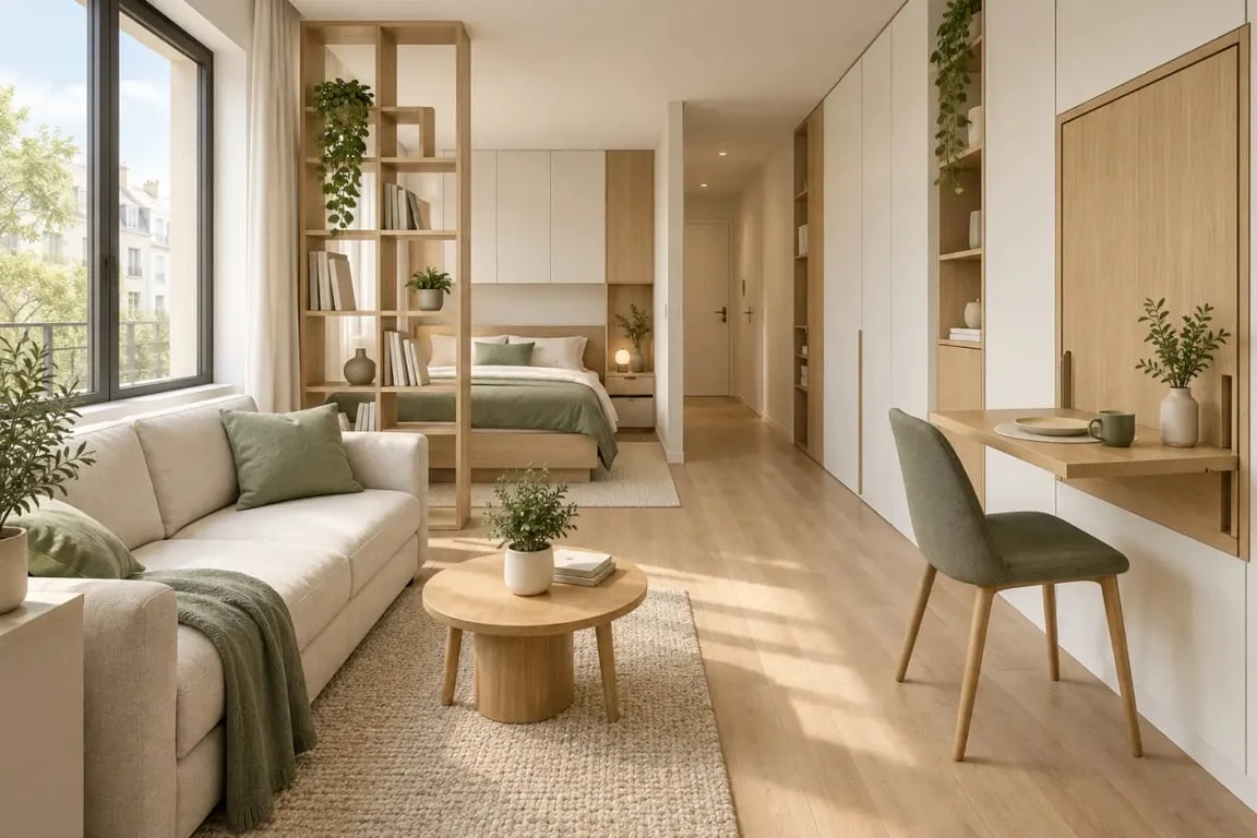 Aménagement petit studio avec coin nuit séparé, mobilier multifonction et rangements verticaux