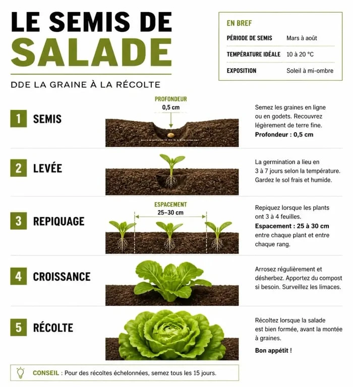 Infographie des étapes pour réussir le semis de salade au potager