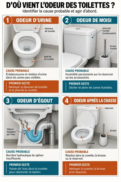 Diagnostic visuel des causes d'une odeur de toilette : urine, moisi, égout et odeur après la chasse