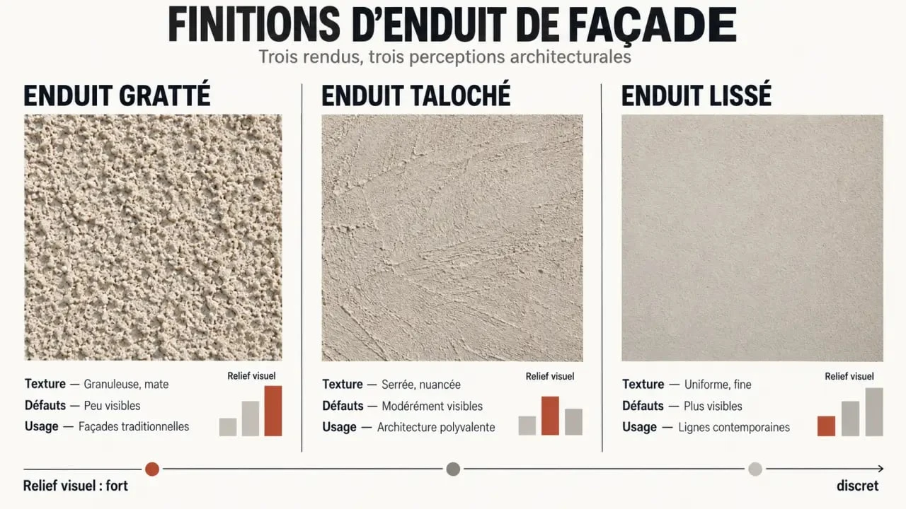 Comparaison visuelle entre enduit gratté, enduit taloché et enduit lissé