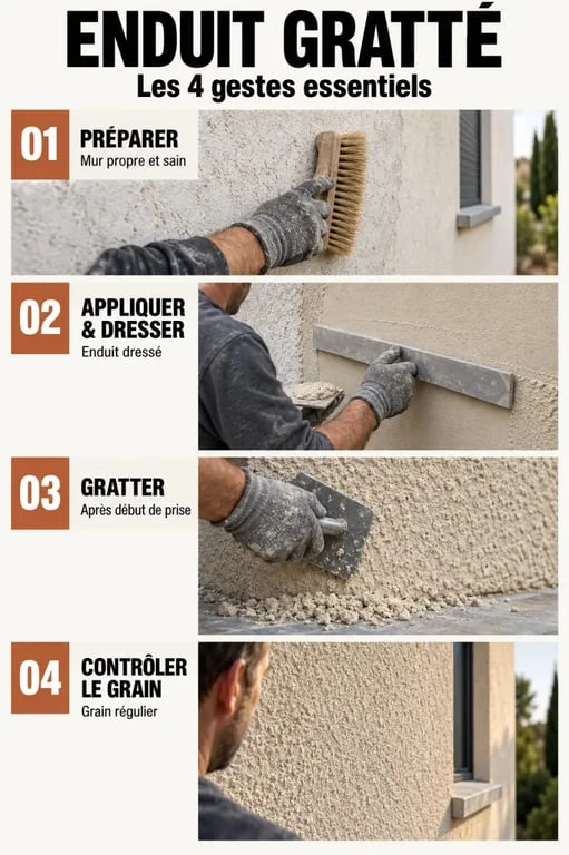 Étapes de mise en œuvre d’un enduit gratté sur une façade