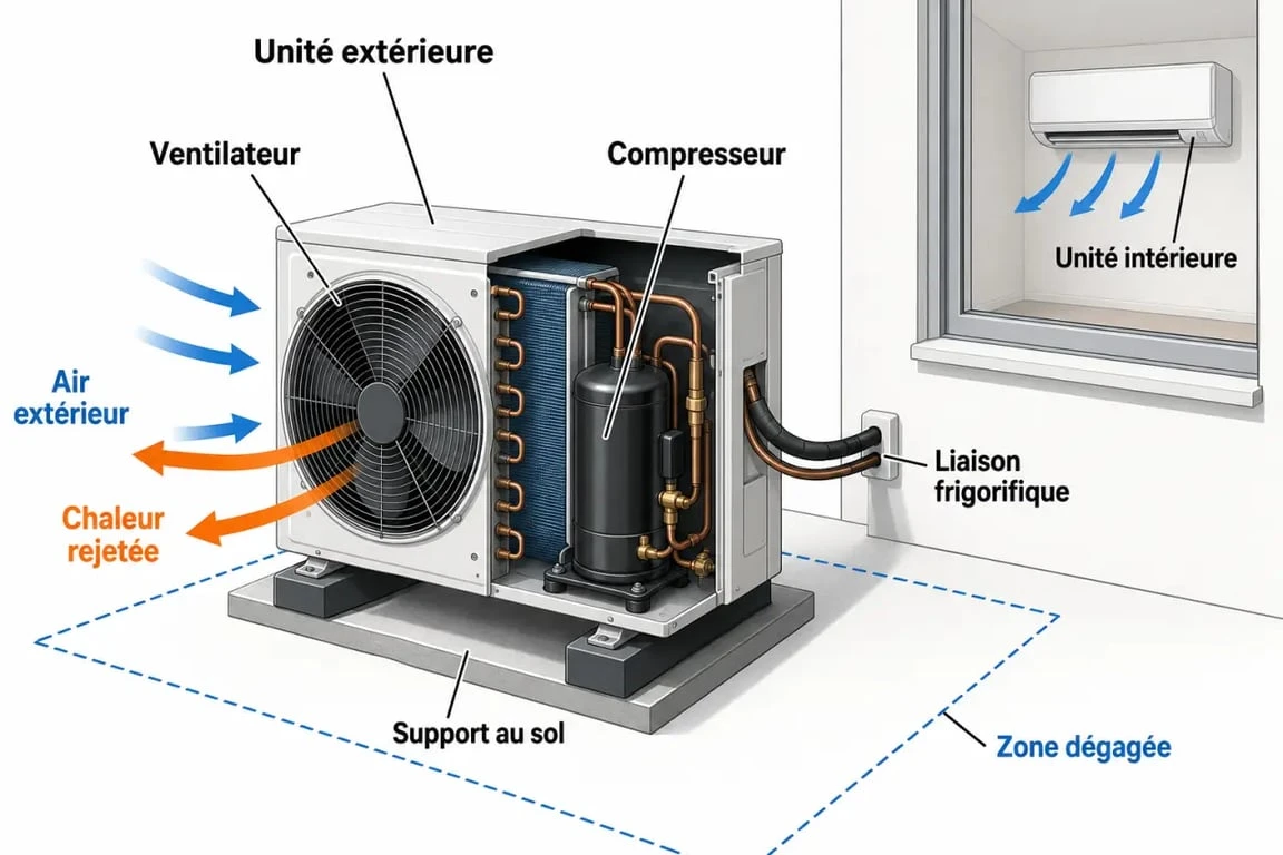 Unité extérieure climatisation dans un schéma éditorial montrant le groupe extérieur, l’unité intérieure et le flux de chaleur
