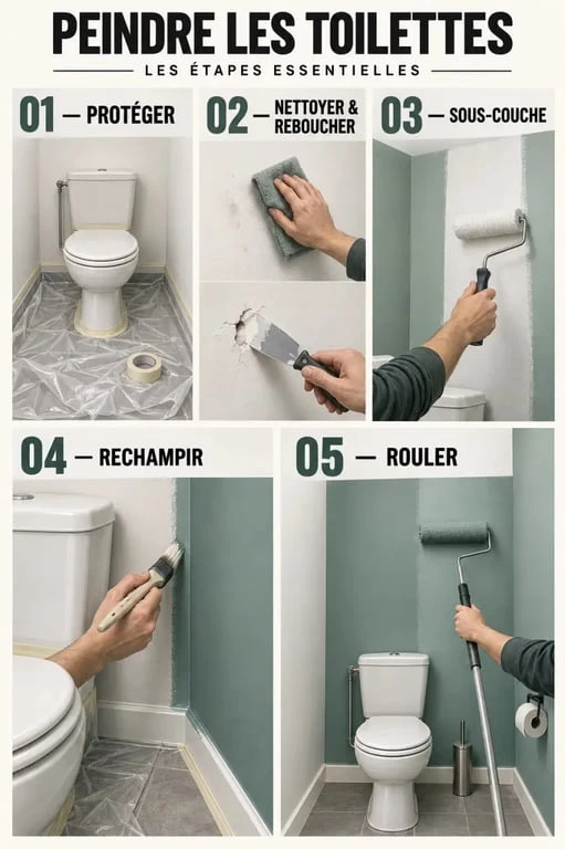Étapes pour peindre les toilettes : préparation, sous-couche, rechampissage et rouleau