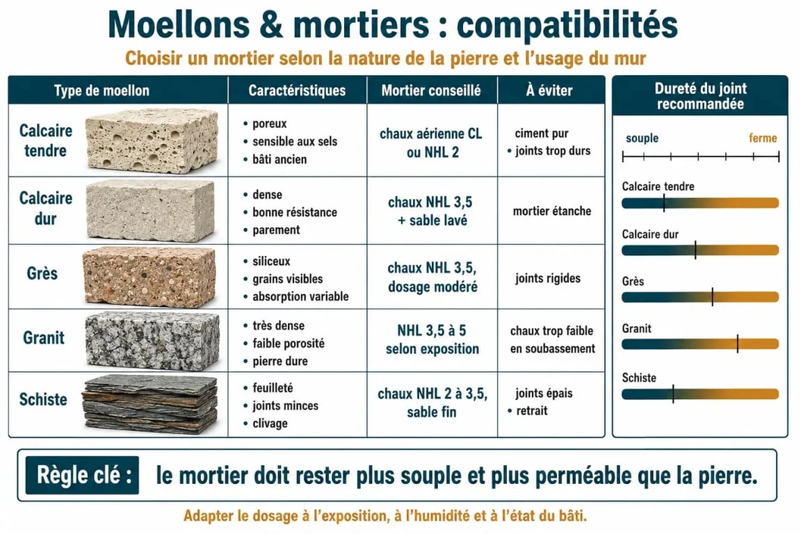 Tableau comparatif des matériaux pour la construction d'un muret en moellon