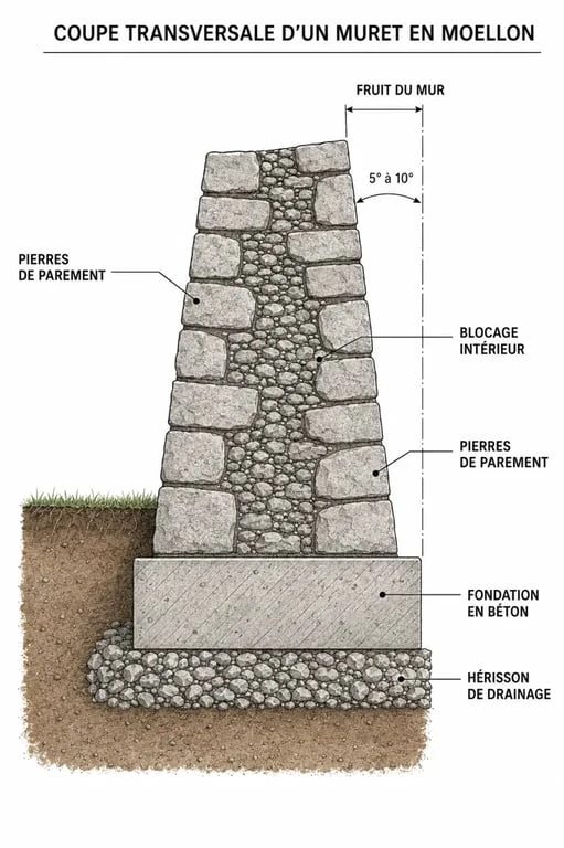 Schéma technique de construction d'un muret en moellon avec drainage et fondations