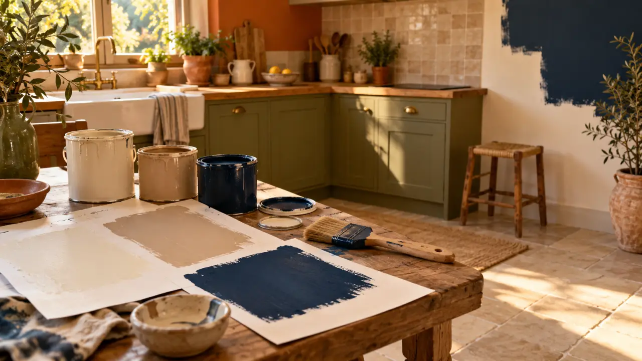 Couleur pour cuisine : échantillons de peinture, pots et lumière naturelle