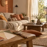 Couleurs chaudes pour salon : mur terracotta, canapé beige, lumière naturelle