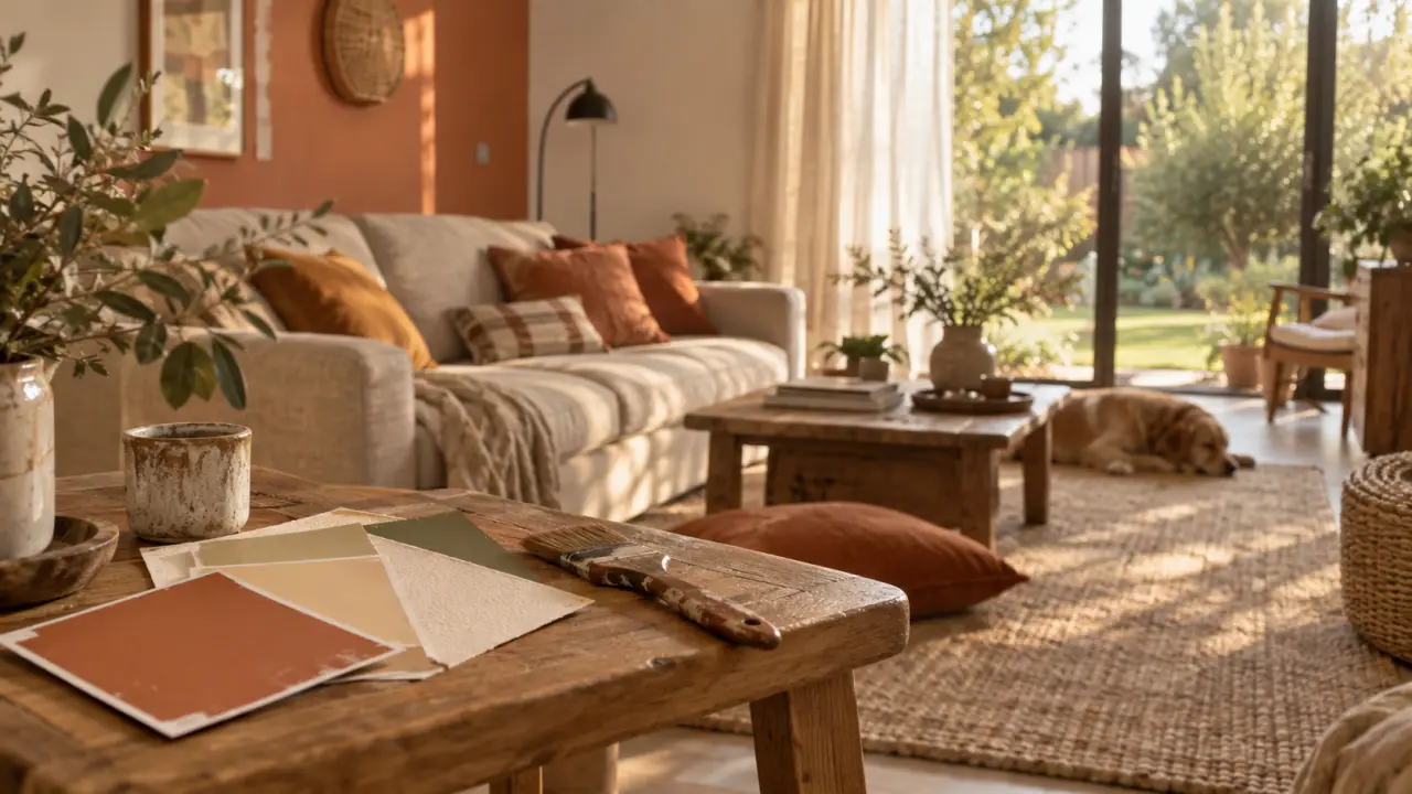 Couleurs chaudes pour salon : mur terracotta, canapé beige, lumière naturelle