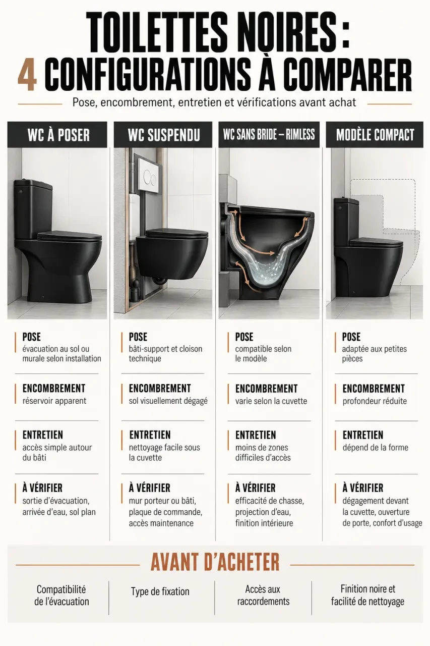 Infographie comparative des différents types de toilette noire à poser, suspendue, sans bride et compacte
