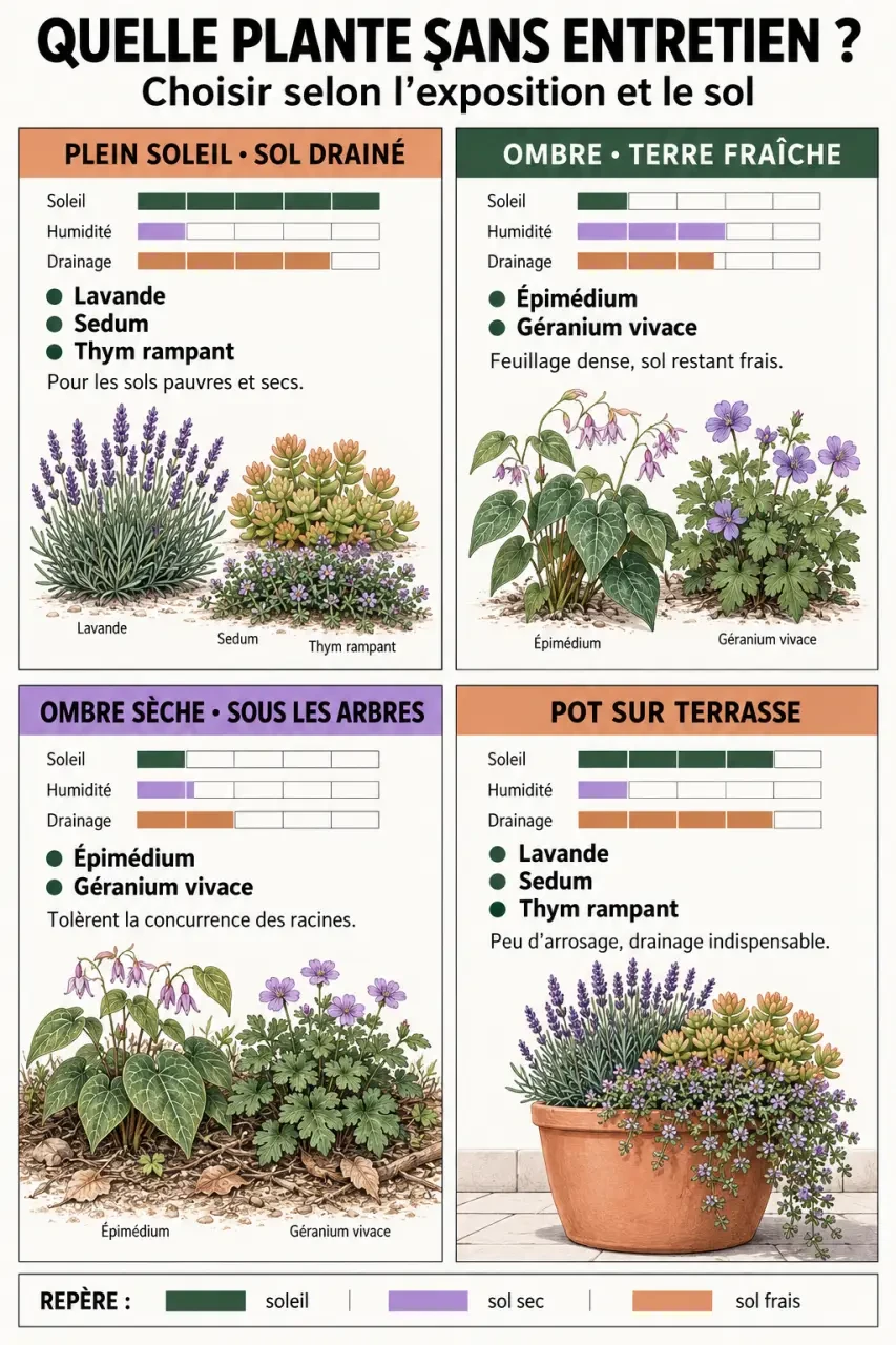 Infographie pour choisir une plante extérieur sans entretien selon l’exposition et le type de sol