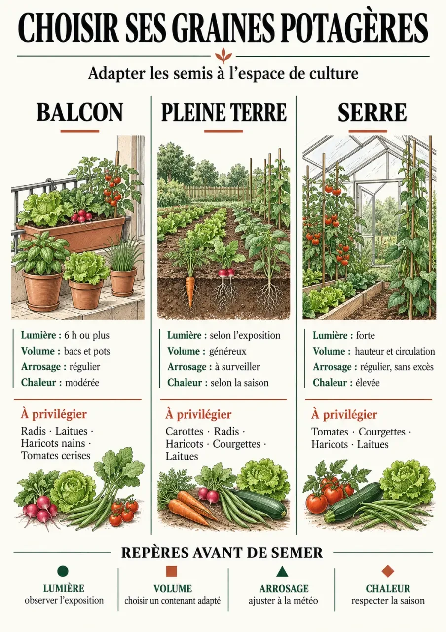 Infographie sur les graines potagères adaptées au balcon, à la pleine terre et à la serre