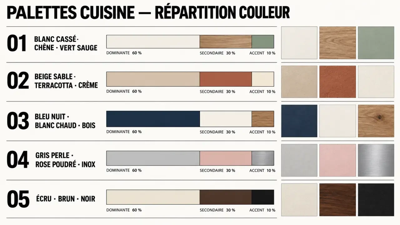 Couleur pour cuisine : cinq palettes associant blanc cassé, vert sauge, terracotta, bleu nuit, bois et tons neutres