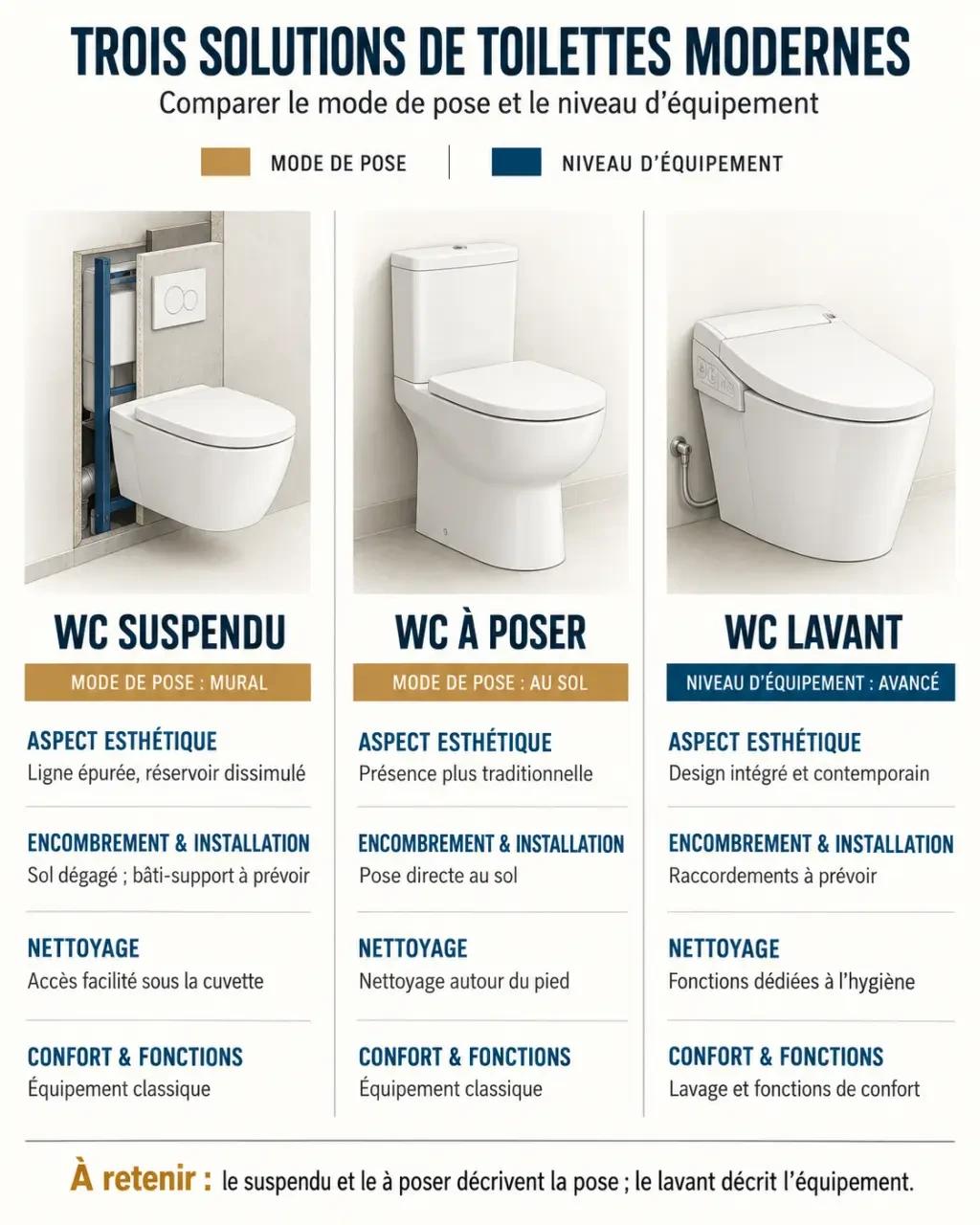 Infographie comparative des toilettes modernes : WC suspendu, WC à poser et WC lavant