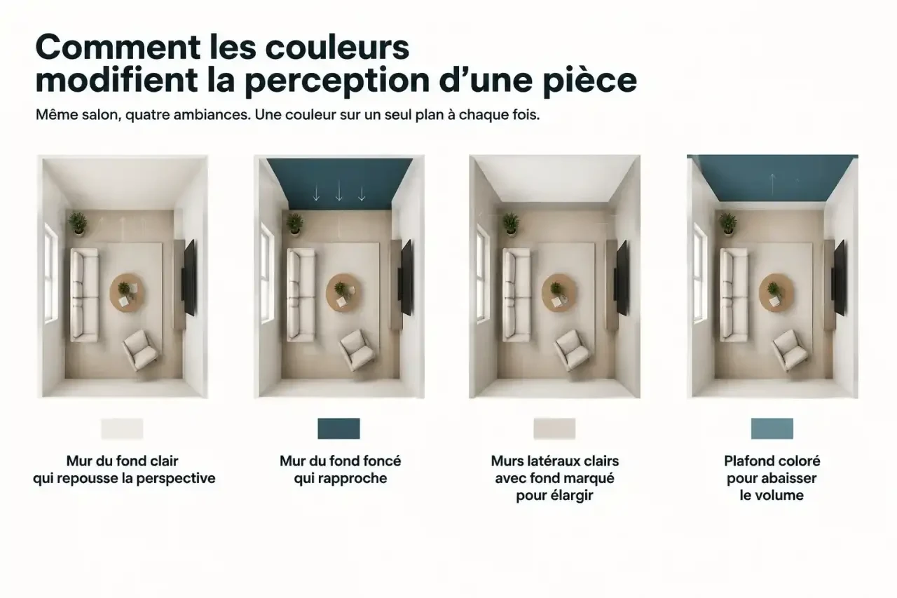 Schéma montrant quel mur peindre en couleur selon l'effet recherché : mur du fond clair ou foncé, murs latéraux et plafond