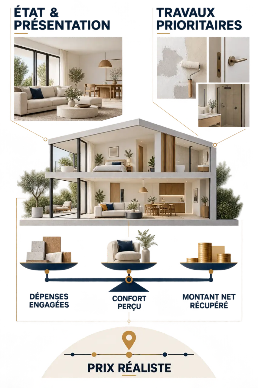 Infographie pour optimiser la valeur de son bien immobilier avant une vente en arbitrant présentation, travaux et prix réaliste