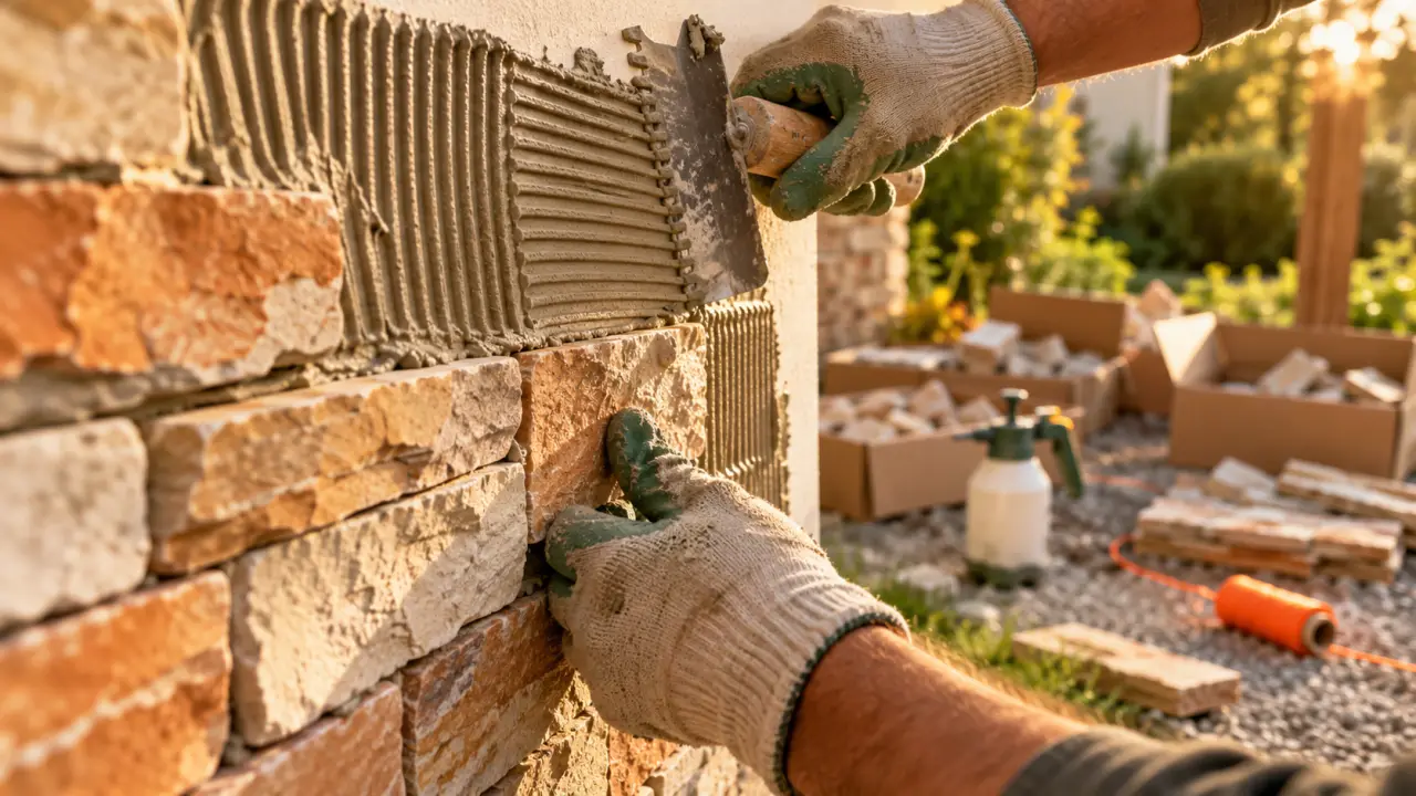 Bricoleur en train de poser des parements de pierre sur mur extérieur avec double encollage