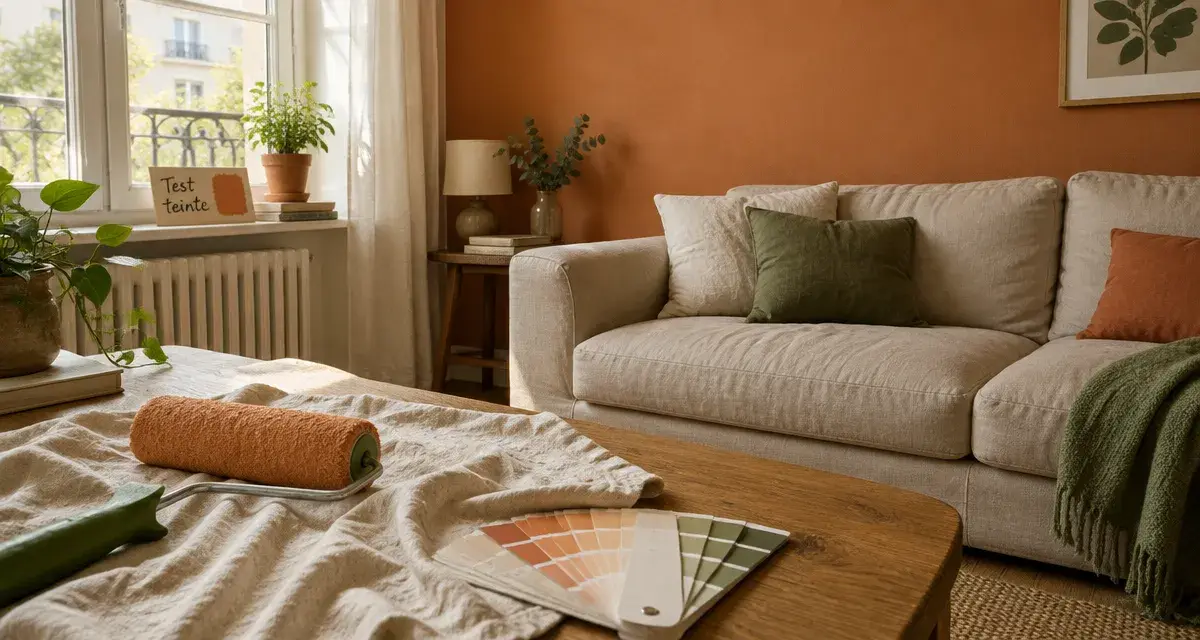 Quel mur peindre en couleur : mur derrière le canapé beige, peinture mate chaude