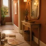 Tendance couleur pour une entrée accueillante : murs terracotta mats, console bois clair, miroir doré