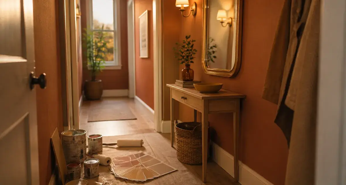 Tendance couleur pour une entrée accueillante : murs terracotta mats, console bois clair, miroir doré