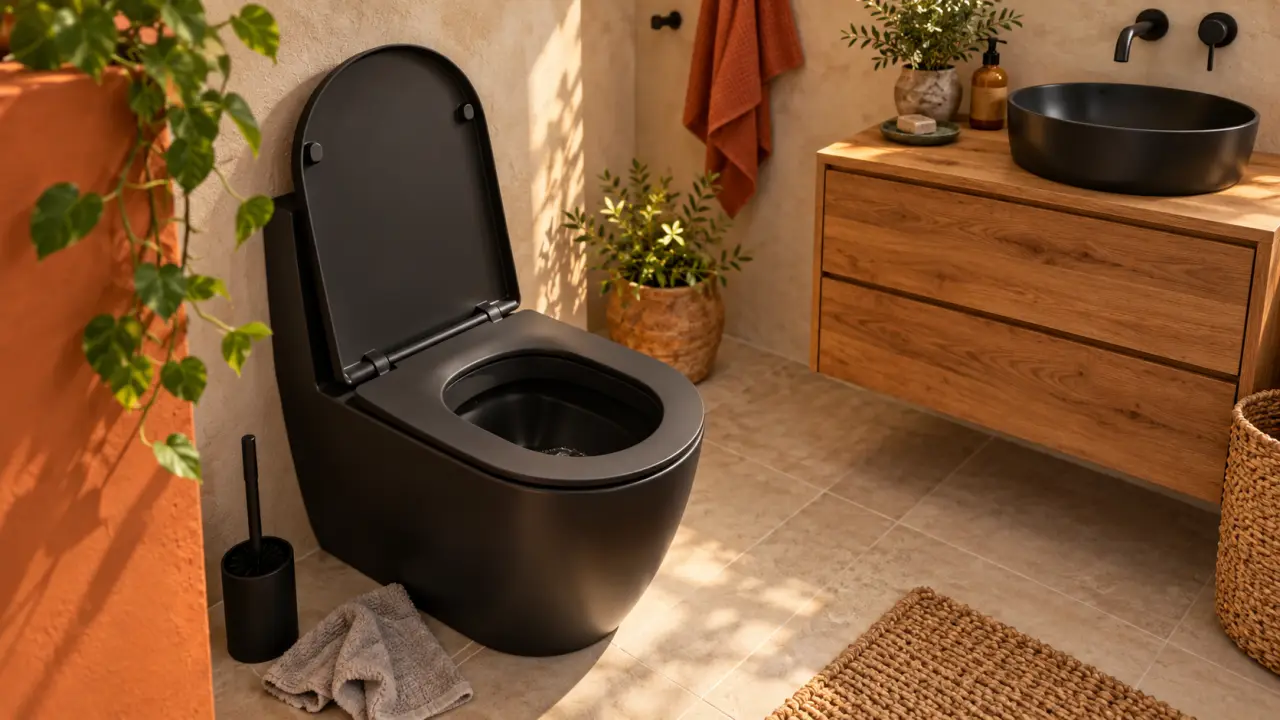 Toilette noir mat WC à poser, microfibre et brosse de nettoyage