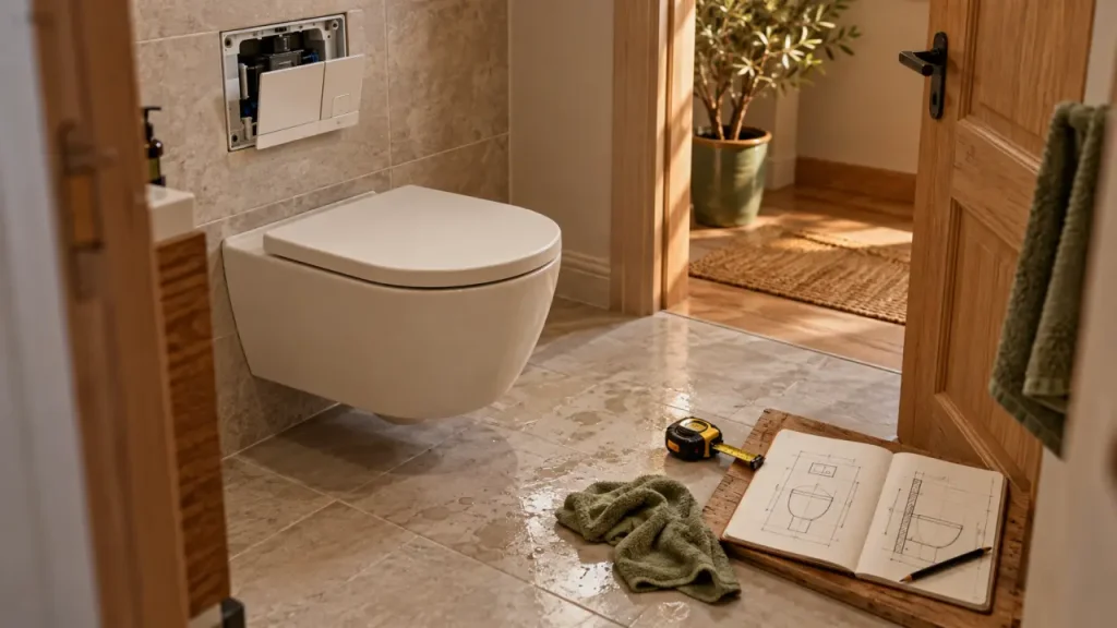 Toilettes modernes : un sol dégagé, une chasse maîtrisée et du caractère